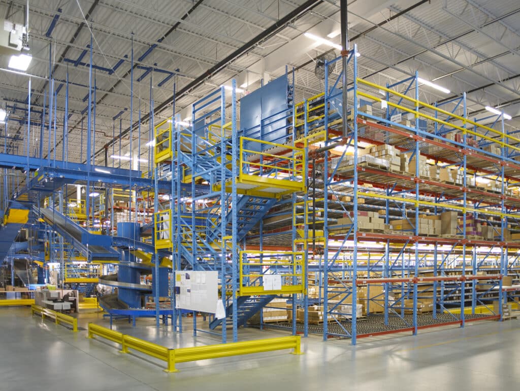 A warehouse utilizing a system of pick modules, pallet racking, mezzanines, and conveyors.