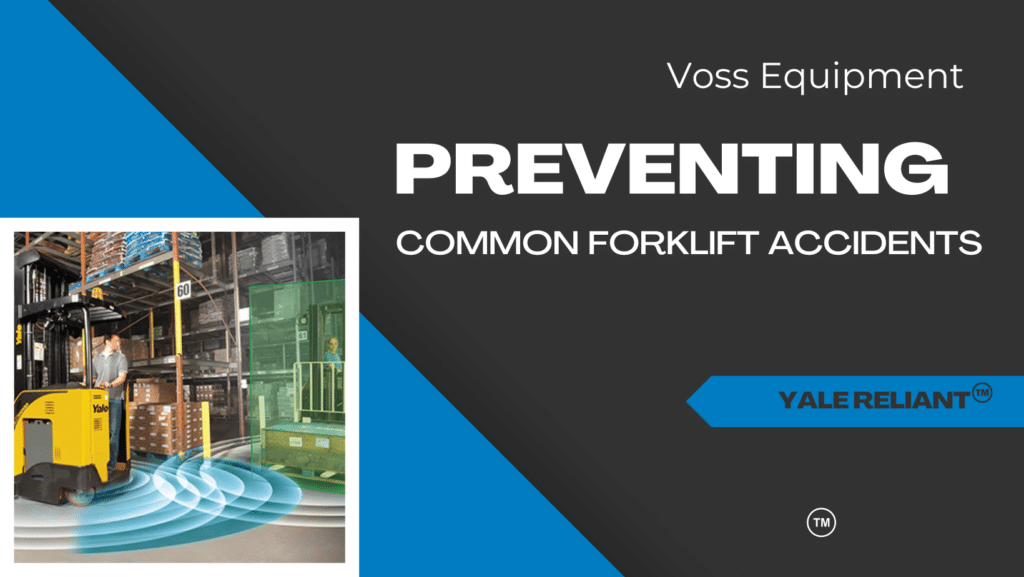 Black and blue background with a photo of a forklift with illustrated zones detecting obstacles. Text: "Yale Reliant Operator Assistance: Forklift Safety: