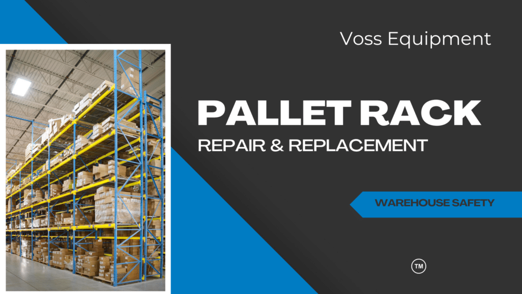 Back and blue background with a picture of a tall pallet rack shelving with boxes on it. Text: "Pallet Rack Repair and Replacement: Warehouse Safety"