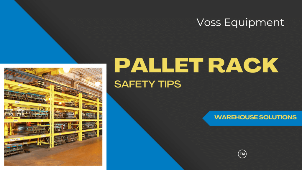 Black and blue background with a photo in the left corner of a full pallet rack in a warehouse. Text: Pallet Rack Safety Tips: Warehouse Solutions"