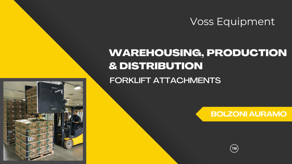 Yellow and Black background with heavy equipment. and "Warehousing, Production & Distribution Forklift Attachments" text.