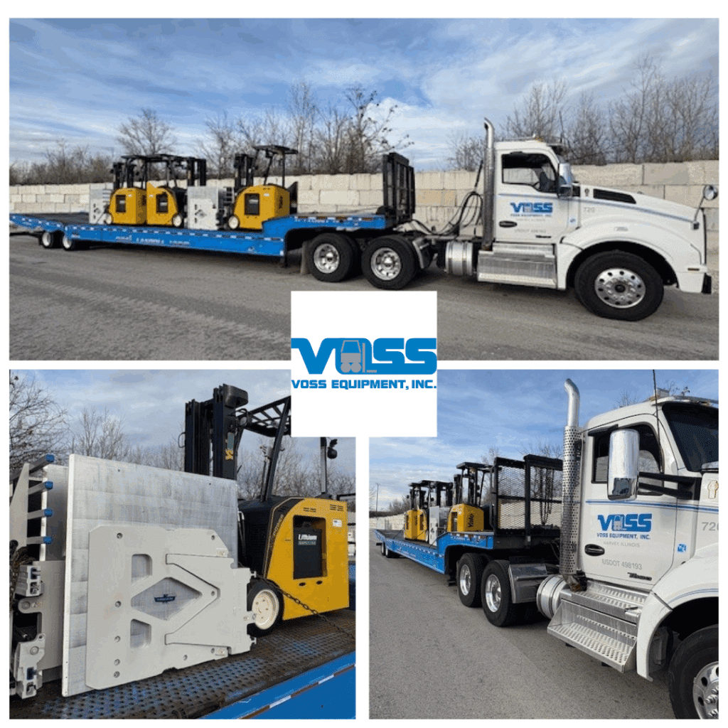 Voss truck delivering used forklifts and other equipment.