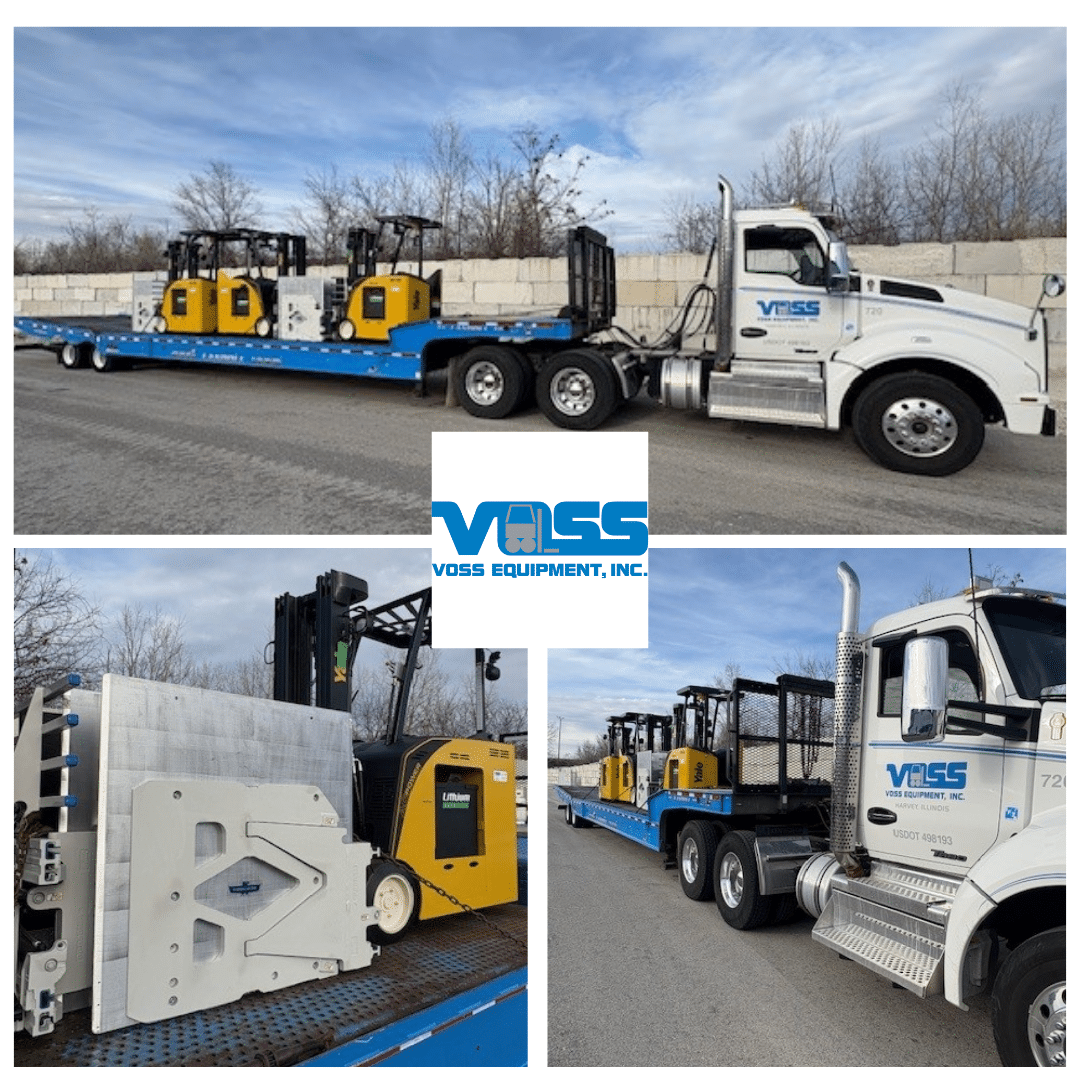 Voss truck delivering used forklifts and other equipment.